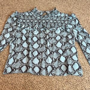 Rebecca Minkoff Blue Snake-Print Smocked Long Sleeve Top Medium